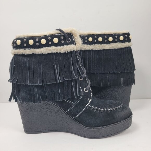 Sam Edelman Black Suede Leather Fringe Studded Kemper Boots US Size 8.5M - Picture 6 of 12